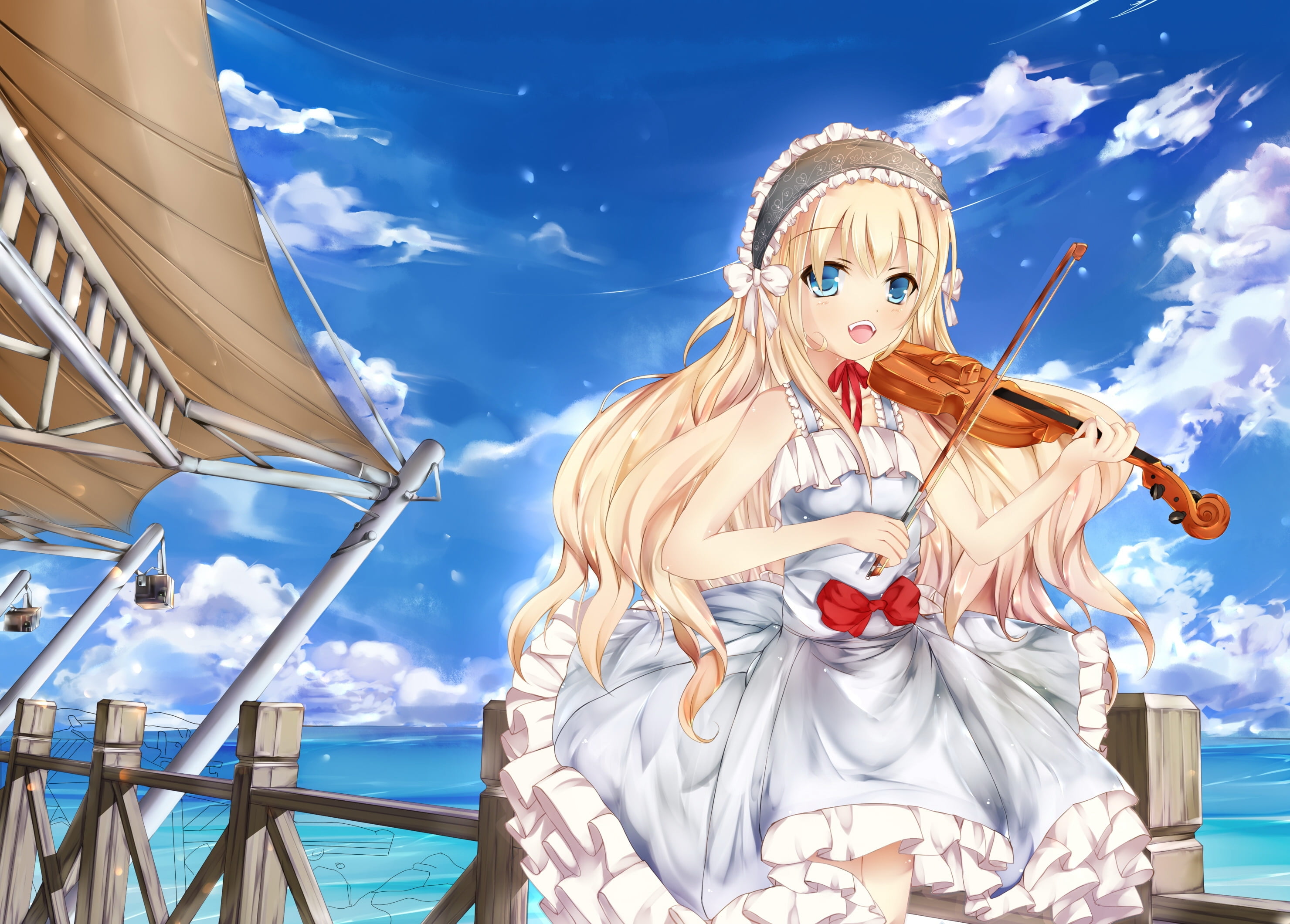 X Resolution White Haired Girl Anime Character Playing Violin