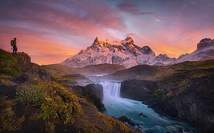 blue river between mountain wallpaper, mountains, river, waterfall, Torres del Paine HD wallpaper