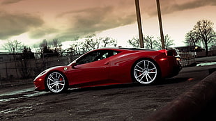 red Ferrari Italia parked near post HD wallpaper