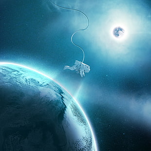 astronaut outside earth wallpaper, space art, planet, astronaut