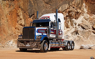 white and blue freight truck, trucks, Truck, rock, vehicle HD wallpaper