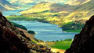 clear river on the middle of the two mountains during daytime, buttermere, lake district, cumbria HD wallpaper