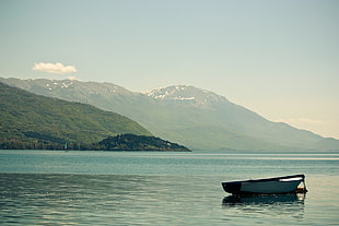 gray boat, Ohrid, lake, Macedonia, mountains HD wallpaper