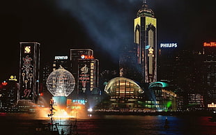 Philips logo, city, lights, skyscraper, fountain HD wallpaper