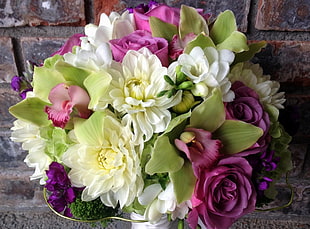 white Dahlias with pink Roses and Orchids arrangement HD wallpaper