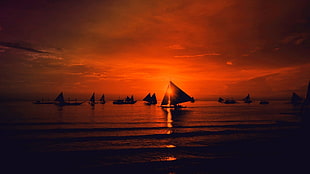 sailboats and ocean, red sky, sailboats, sunset, sea HD wallpaper