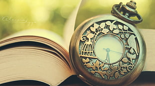 silver-colored pocket watch, watch, books HD wallpaper