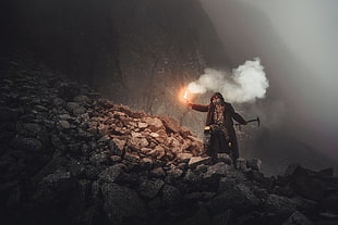men's black cloak, smoke, rock, mountains, mist HD wallpaper