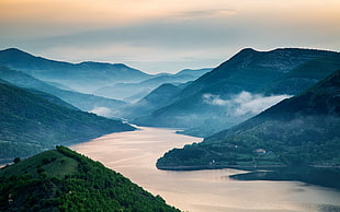 body of water surrounded by mountains, nature, landscape, mist, lake HD wallpaper