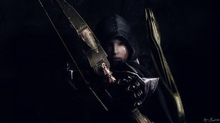 person on black hoodie holding bow graphic wallpaper, The Elder Scrolls V: Skyrim, hair bows, archer, Thief HD wallpaper