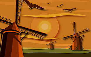 three brown windmills illustration HD wallpaper