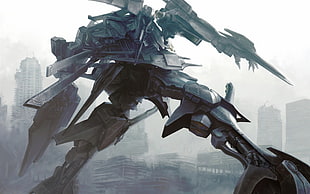 gray and black robot painting, artwork, mech, robot, war