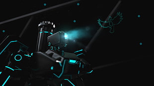 black and blue robot wallpaper, Rakan Khamash, Bastion (Overwatch), neon, birds HD wallpaper