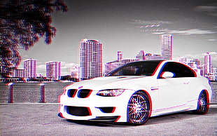 white BMW 3 series E90 coupe, anaglyph 3D HD wallpaper