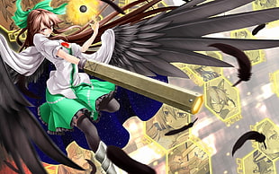 woman wears green and white school uniform with grey weapon and black wings anime character HD wallpaper