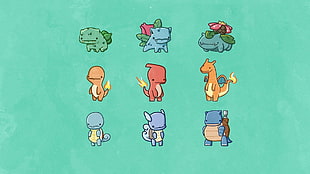 nine Pokemon characters illustration, Pokémon, starters, minimalism, video games HD wallpaper