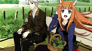 girl with orange hair and fox ear with grapes on lap anime character