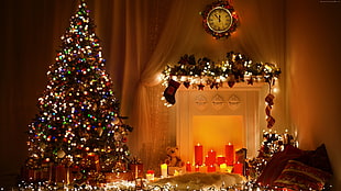lighted Christmas tree near fire place HD wallpaper