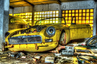 wrecked yellow car near gray concrete pillar HD wallpaper