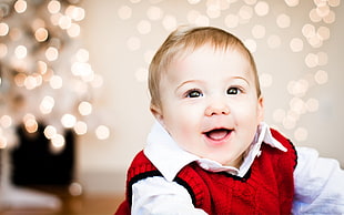 baby in white collared shirt and red vest HD wallpaper
