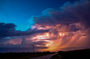 gray clouds, clouds, road, lightning HD wallpaper