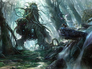 illustration of forest, fantasy art, swamp, trees, creature HD wallpaper