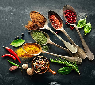 assorted spices and gray steel spoons, colorful, spoons HD wallpaper