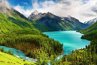 lake between mountain photo, landscape, lake