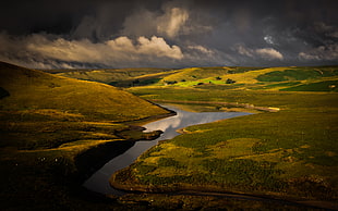 river in the middle of green grass field during cloudy day