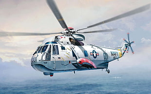 white and blue Navy helicopter