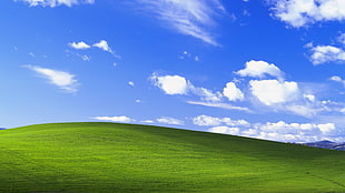 landscape photography of green field under blue sky, Windows XP, Microsoft Windows, hills HD wallpaper
