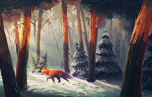 fox walking in forest illustration HD wallpaper