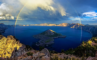 green grass covered mountain, crater lake, rainbows, island, lake