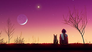 Kagaya moon,  Anime,  Girl,  Cat HD wallpaper