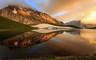 brown mountain painting, nature, landscape, water, clouds