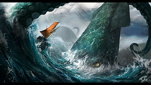 green Kraken painting, sea, squids, sailing ship, waves