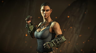 woman wearing black tank top with gun gauntlet illustration