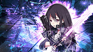 animated girl character holding gun and sword HD wallpaper