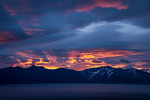 white snow mountain painting, landscape, lake, clouds, mountains