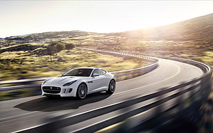white sports coupe, Jaguar F-Type, car, road, motion blur HD wallpaper