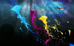three blue, purple, and yellow kites wallpaper, fantasy art, kites, streaks, CMYK HD wallpaper