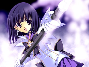 purple haired anime girl wielding a staff screenshot HD wallpaper