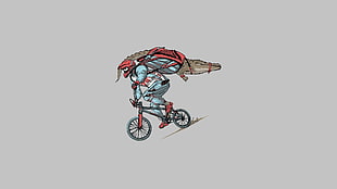 man riding BMX while carrying crocodile digital wallpaper, minimalism, simple background, BMX, crocodiles