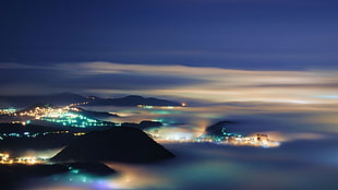 mountains during nighttime, nature, landscape, evening, lights