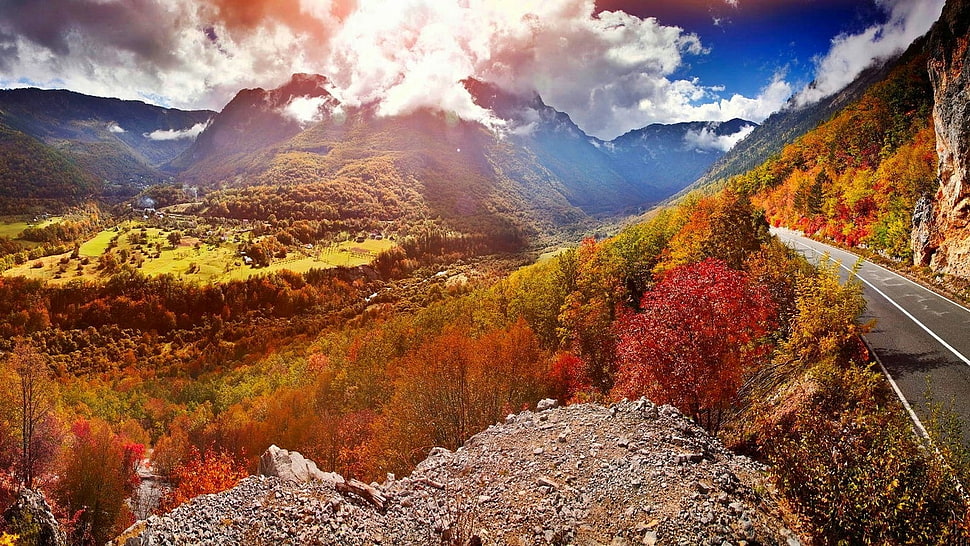 green and red mountain, nature, landscape, valley, road HD wallpaper