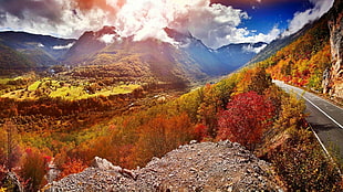 green and red mountain, nature, landscape, valley, road