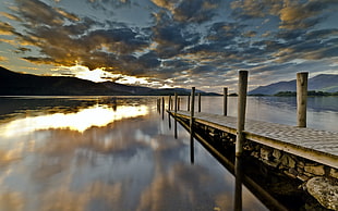 white and brown wooden table, nature, sunset, sky, lake