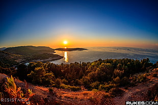 high angle photo of body of water near mountain slope, sunset, beach, horizon, Rukes