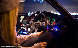 black car steering wheel, Speedhunters, Mazda RX-7, tuning, Mazda HD wallpaper