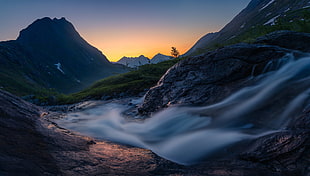 green mountain digital wallpaper, long exposure, landscape, dark, nature